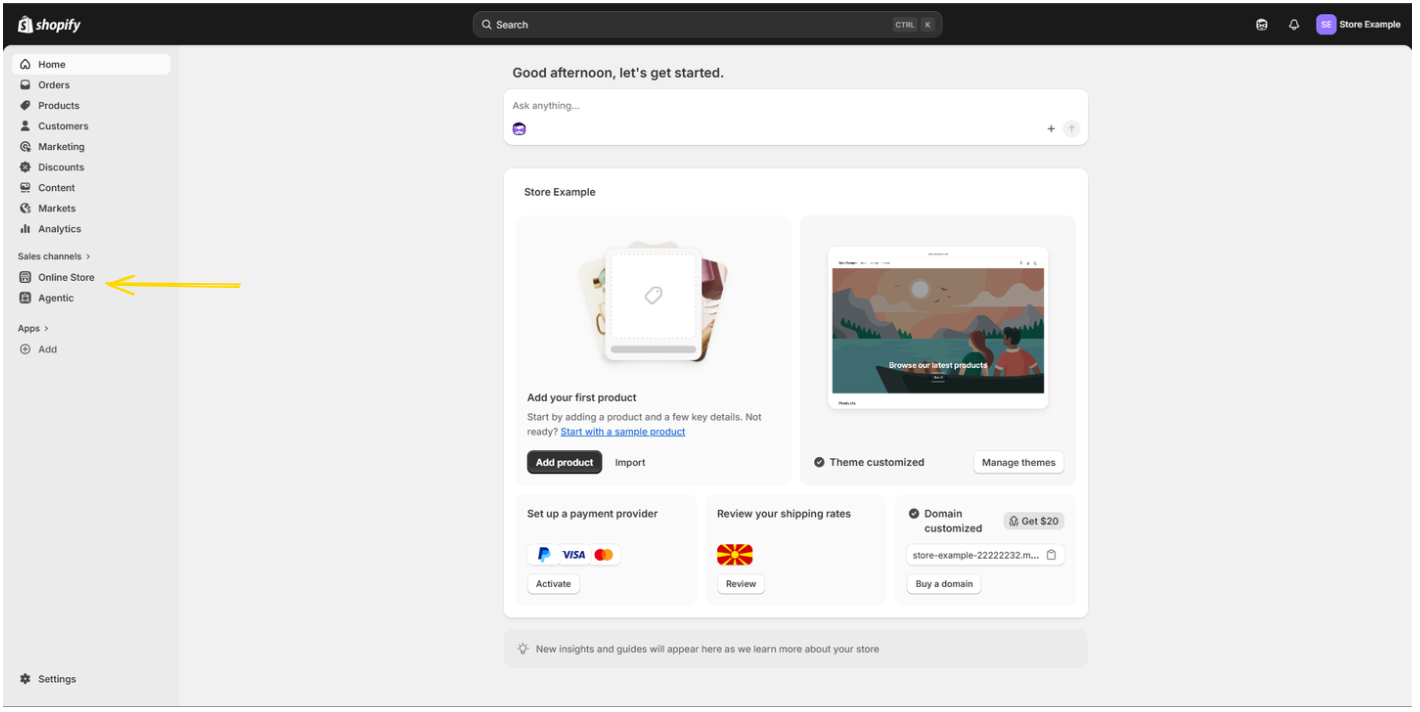 Shopify admin — navigate to Online Store