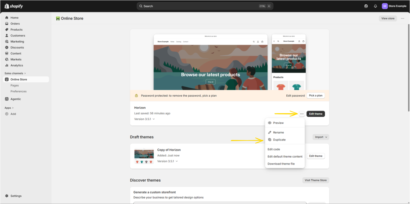 Themes page — duplicate the active theme
