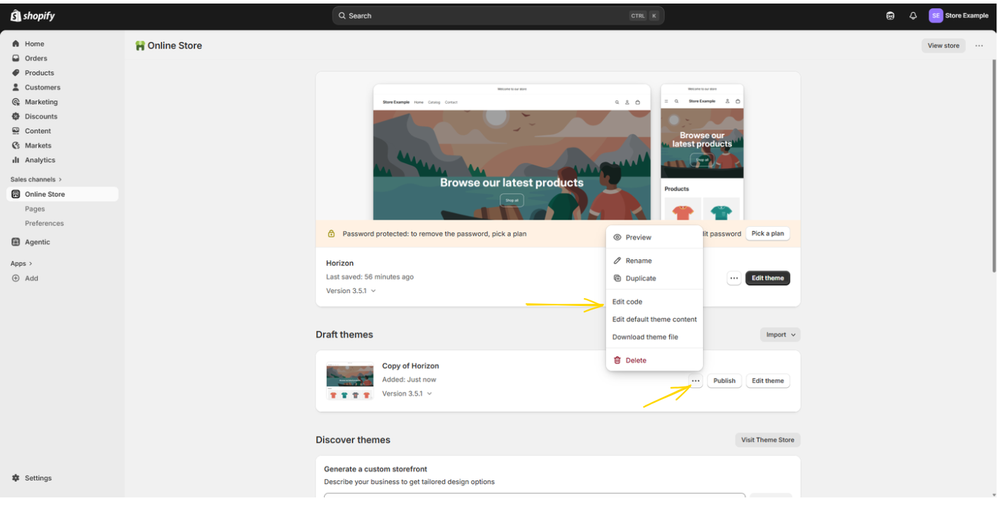 Themes page — open Edit code on the draft theme