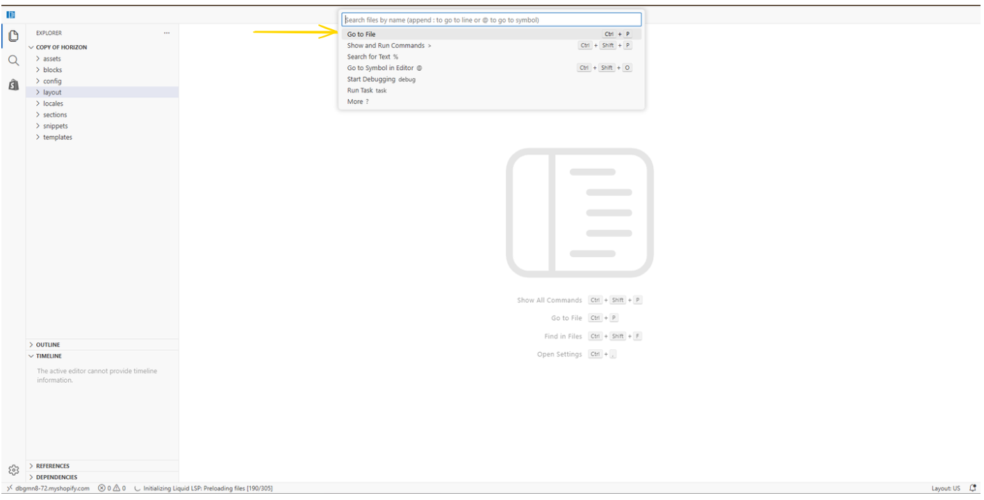 Code editor — Go to File to open theme.liquid