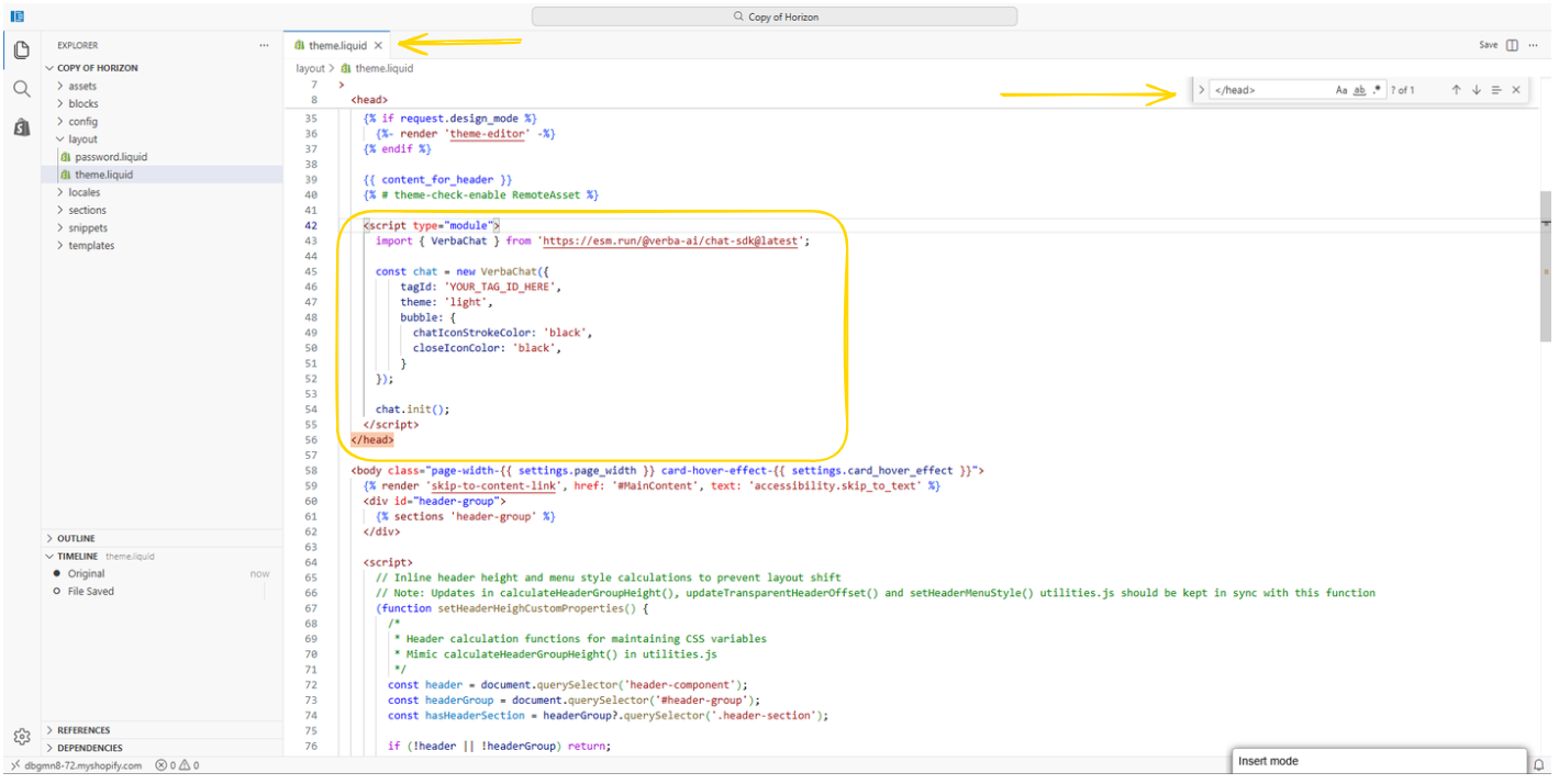 theme.liquid — paste the Verba AI script before </head>